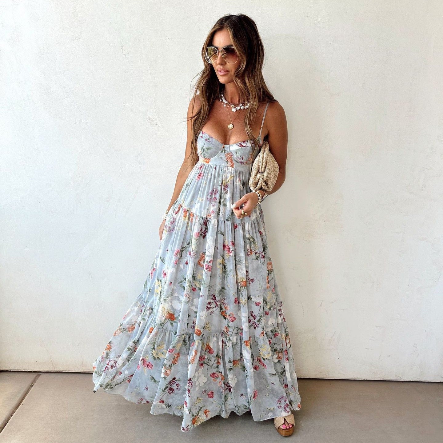 European and American Printed Sleeveless Backless Elegant Sling Dress