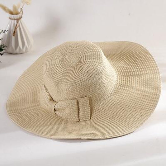 Straw Hat with Double Bow and Large Edge
